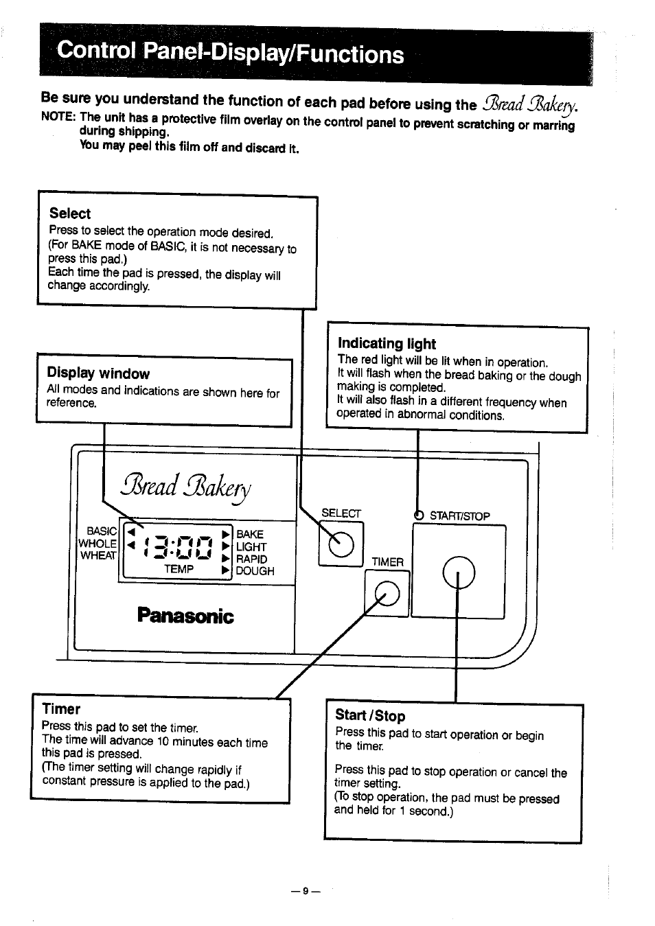 Conllpl paniel-display/functions, Select, Display window | Indicating light, Timer, Start/stop, Control panel-display/functions | Panasonic SD-BT10P User Manual | Page 10 / 31