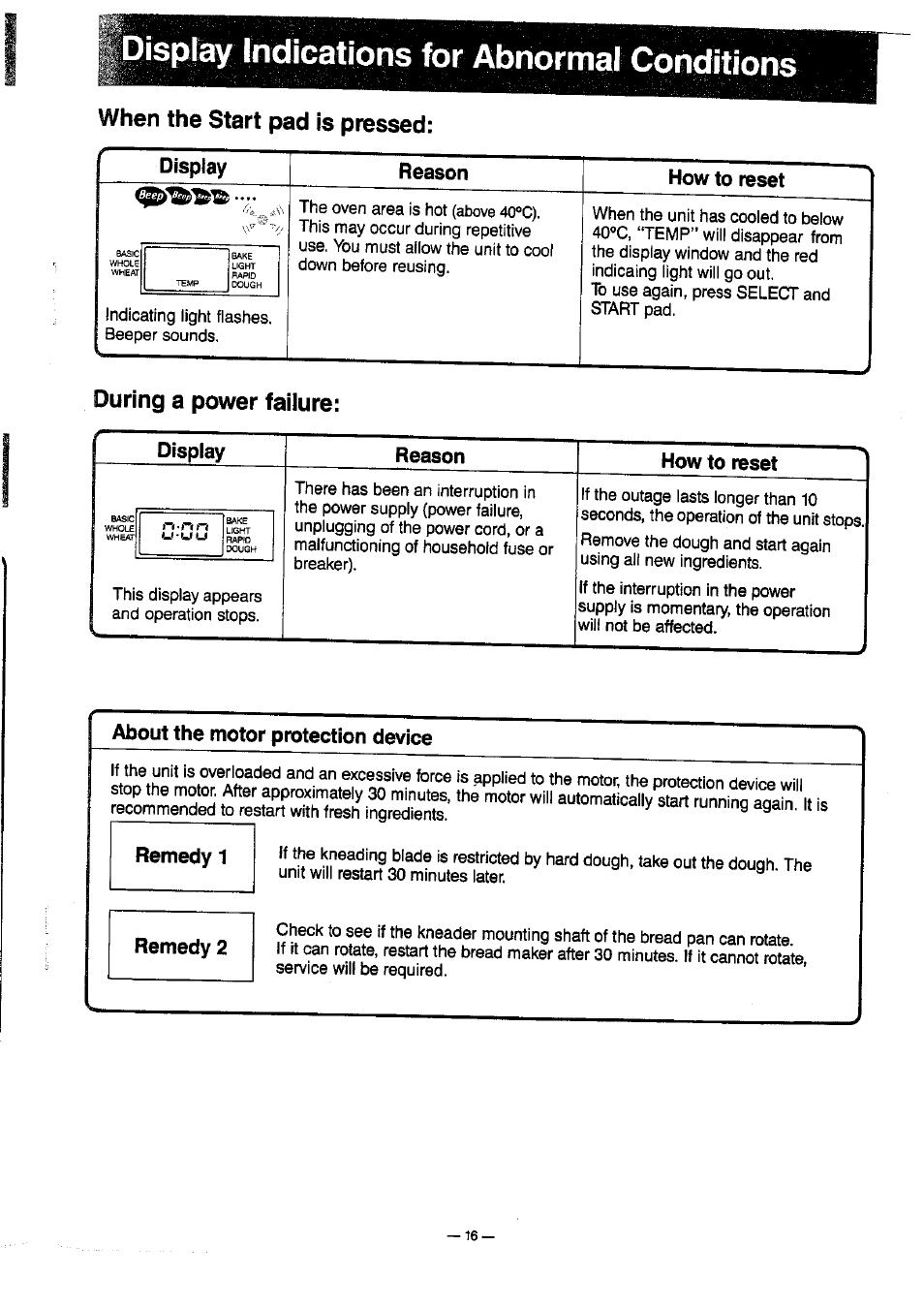 Display, Reason, How to reset | When the start pad is pressed, During a power failure, Display reason how to reset, About the motor protection device | Panasonic SD-BT10P User Manual | Page 17 / 31