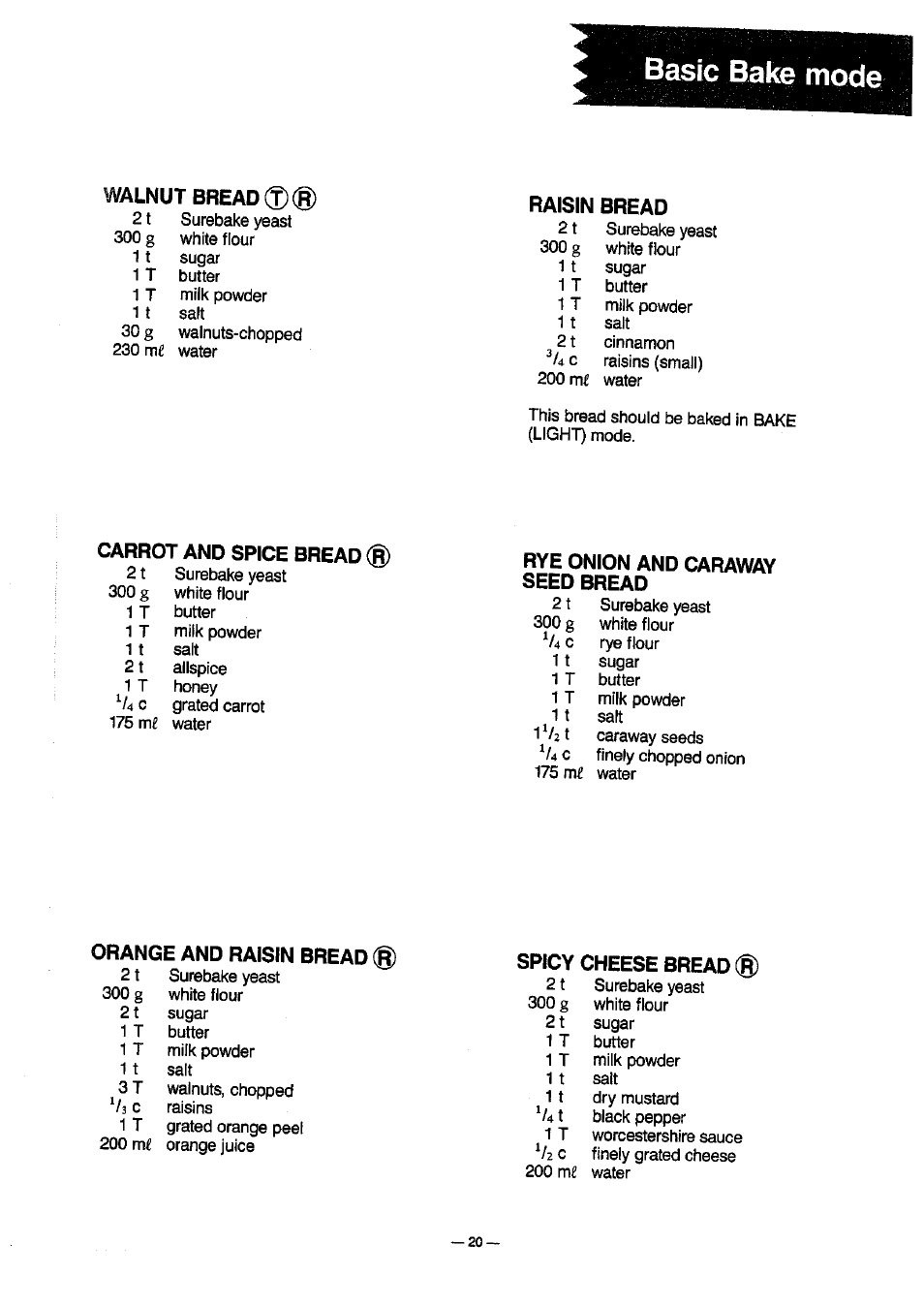 Walnut bread, Raisin bread, Rye onion and caraway | Orange and raisin bread (r, Spicy cheese bread, Walnut bread®® raisin bread, Carrot and spice bread ® rye onion and caraway, Seed bread, Orange and raisin bread (r spicy cheese bread | Panasonic SD-BT10P User Manual | Page 21 / 31