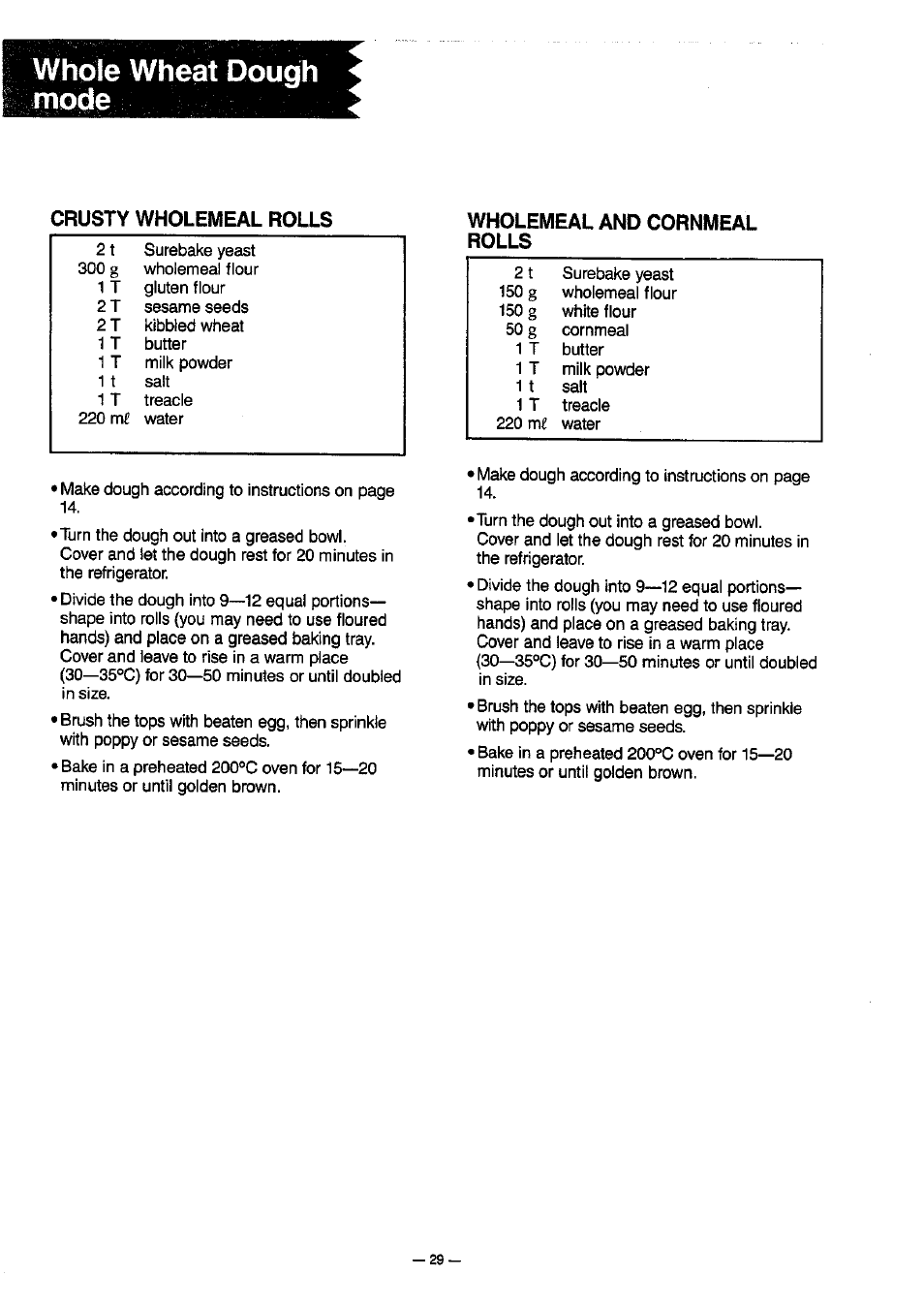 Whole wheat dough mode, Crusty wholemeal rolls, Wholemeal and cornmeal rolls | Panasonic SD-BT10P User Manual | Page 30 / 31