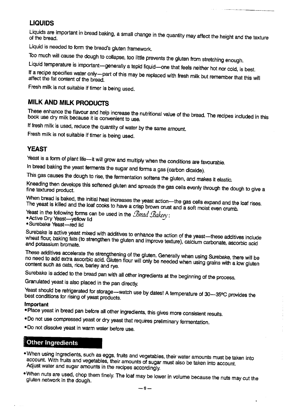 Liquids, Milk and milk products, Yeast | Other ingredients | Panasonic SD-BT10P User Manual | Page 7 / 31