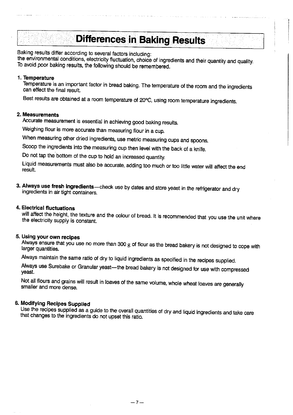 Temperature, Measurements, Electrical fluctuations | Using your own recipes, Modifying recipes supplied, Dilf^iiip^ in baking jle | Panasonic SD-BT10P User Manual | Page 8 / 31