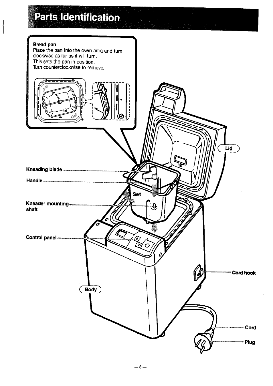 Parts identification, Bread pan, Kneading blade handle | Parts identiffication | Panasonic SD-BT10P User Manual | Page 9 / 31