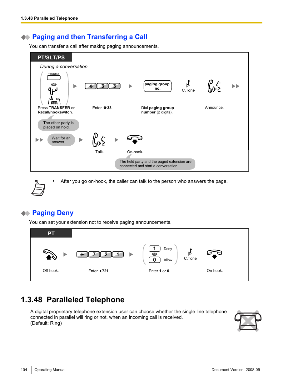 48 paralleled telephone, Paralleled telephone, Paging and then transferring a call | Paging deny | Panasonic KX-NCP500 User Manual | Page 104 / 210