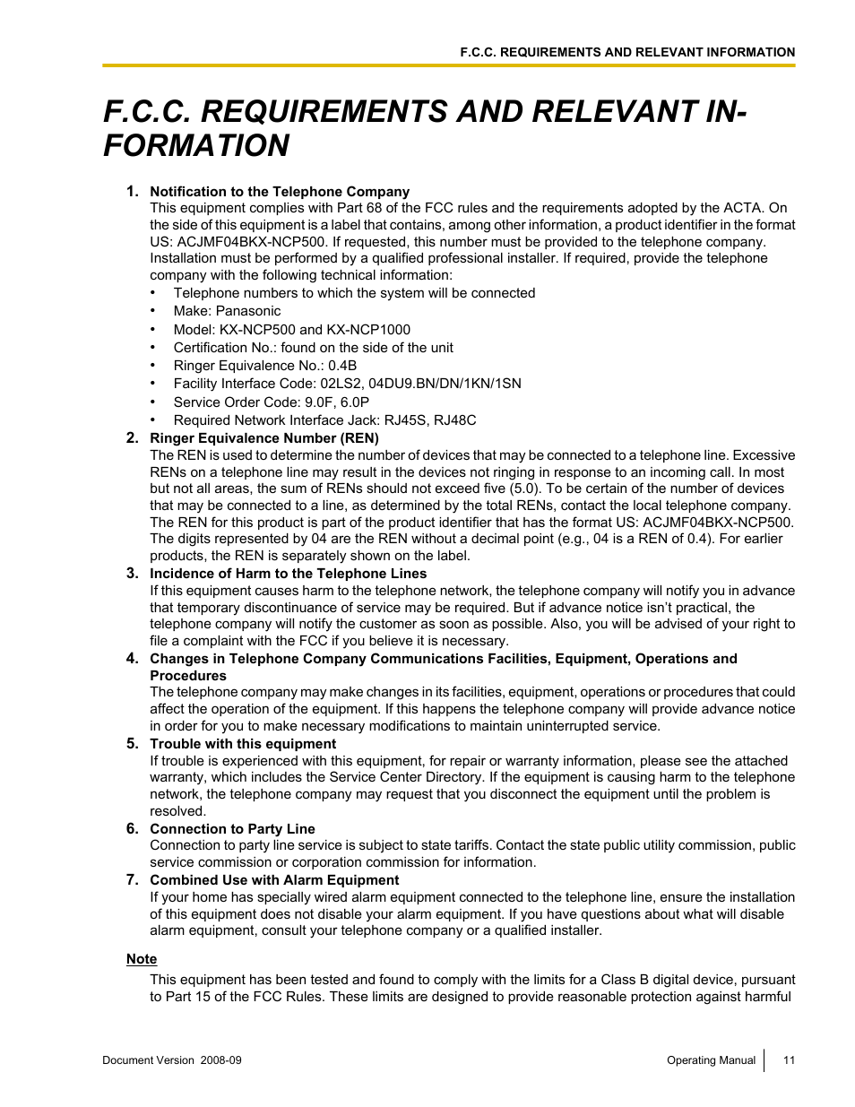 F.c.c. requirements and relevant in- formation | Panasonic KX-NCP500 User Manual | Page 11 / 210