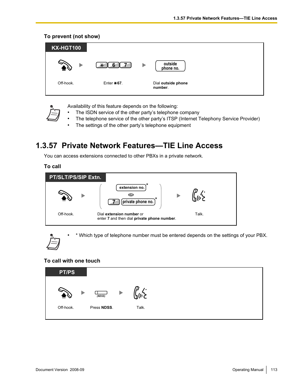 57 private network features—tie line access, Private network features—tie line access | Panasonic KX-NCP500 User Manual | Page 113 / 210