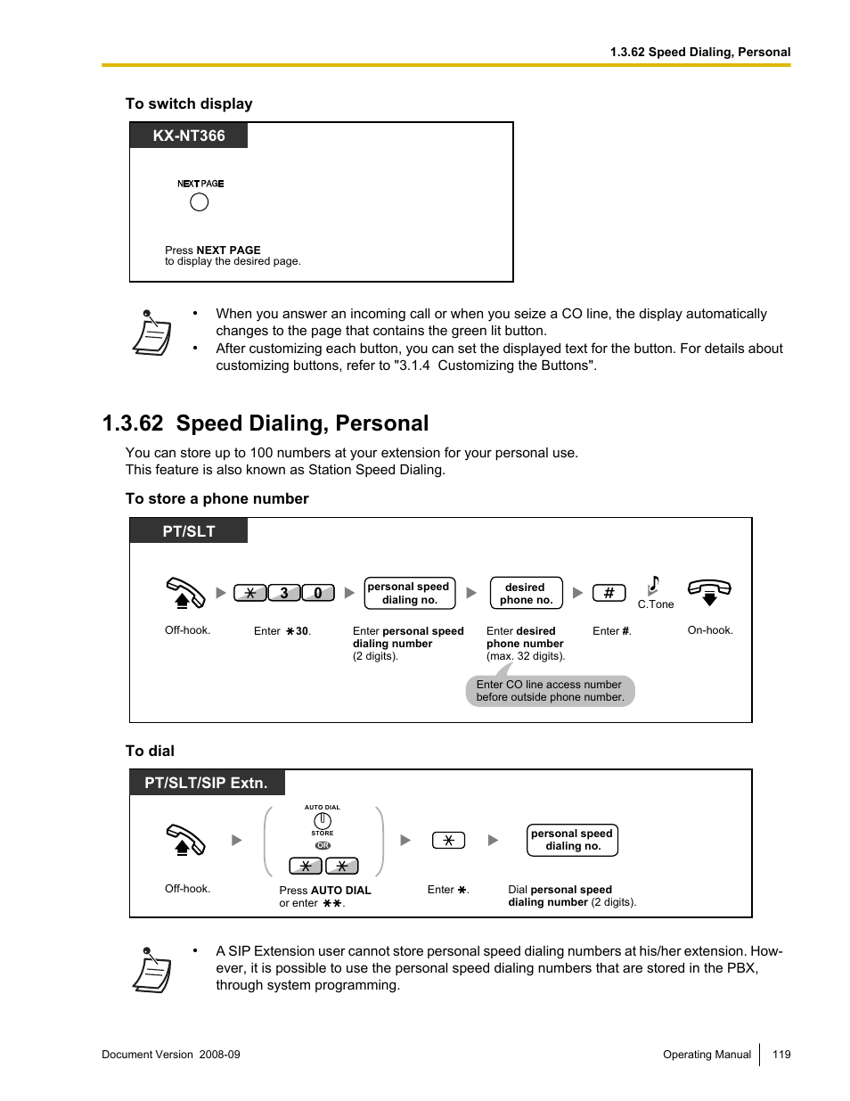 62 speed dialing, personal, Speed dialing, personal, Pt/slt | Pt/slt/sip extn | Panasonic KX-NCP500 User Manual | Page 119 / 210