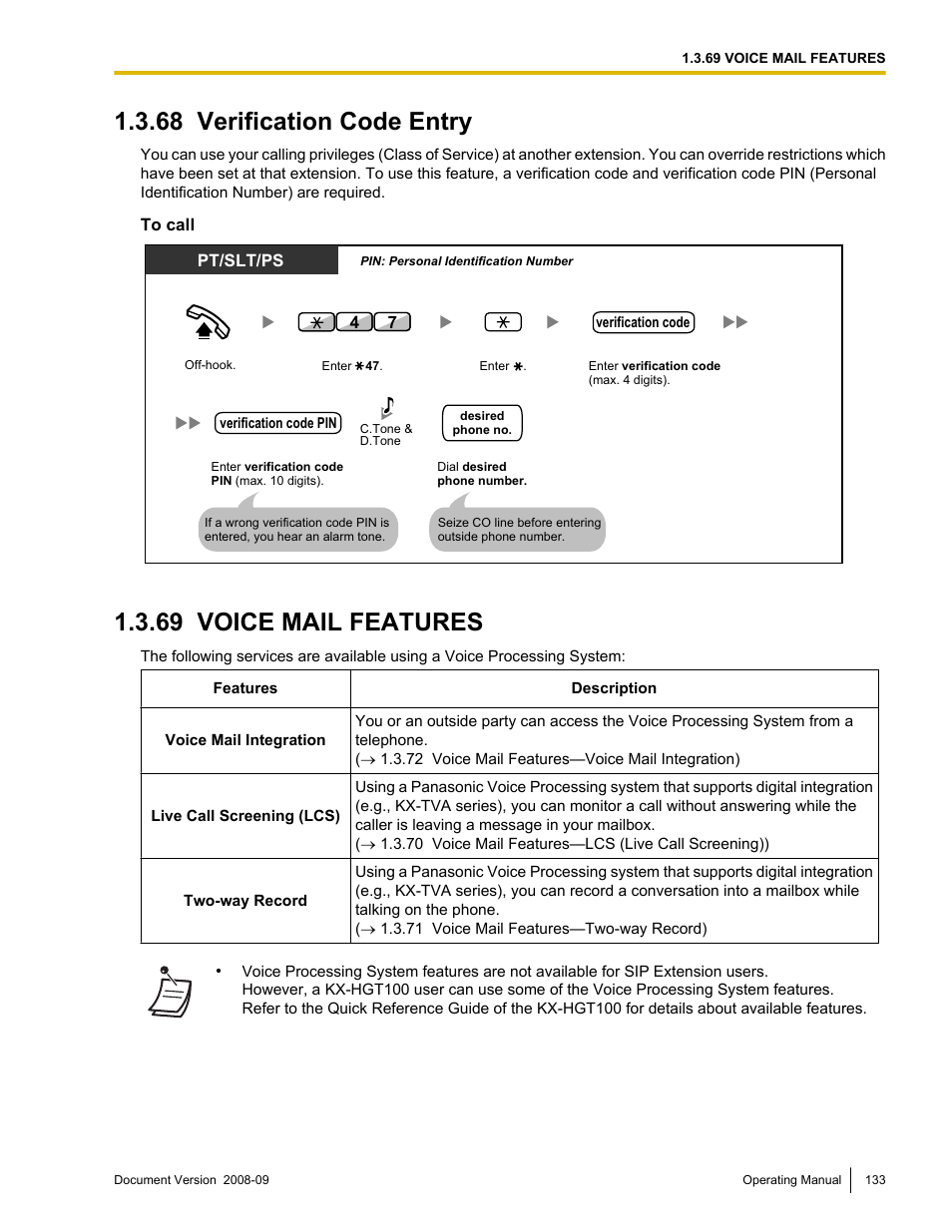68 verification code entry, 69 voice mail features, Verification code entry | Voice mail features | Panasonic KX-NCP500 User Manual | Page 133 / 210