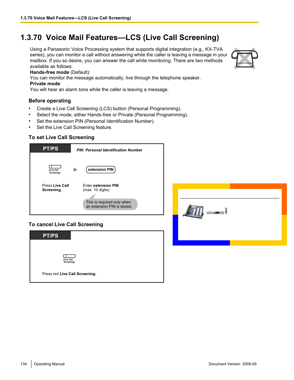 70 voice mail features—lcs (live call screening), Voice mail features—lcs (live call screening), Before operating | Pt/ps | Panasonic KX-NCP500 User Manual | Page 134 / 210