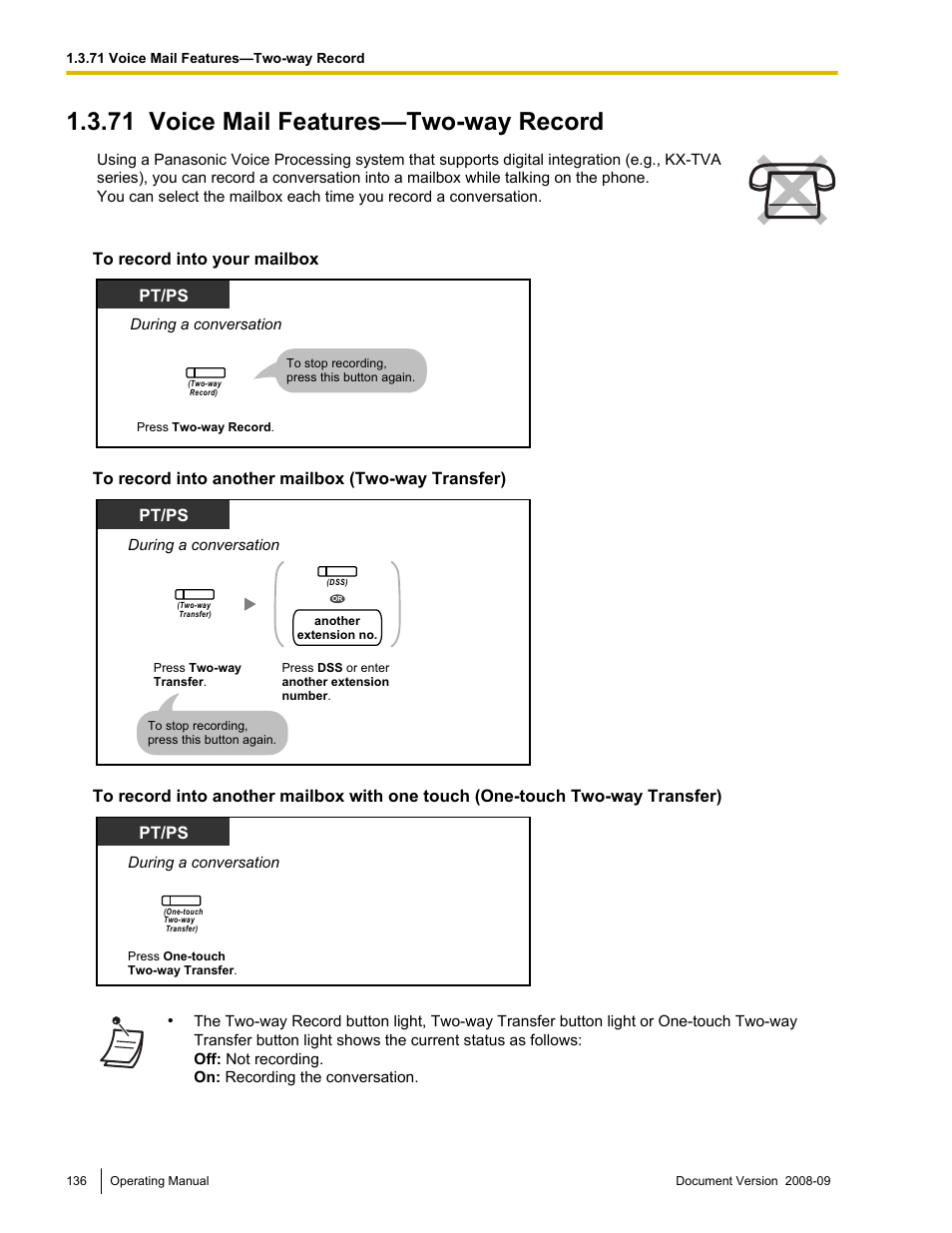 71 voice mail features—two-way record, Voice mail features—two-way record, Pt/ps | Panasonic KX-NCP500 User Manual | Page 136 / 210