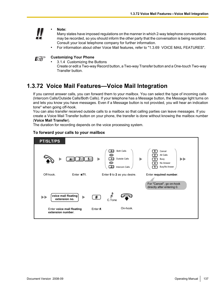 72 voice mail features—voice mail integration, Voice mail features—voice mail integration | Panasonic KX-NCP500 User Manual | Page 137 / 210