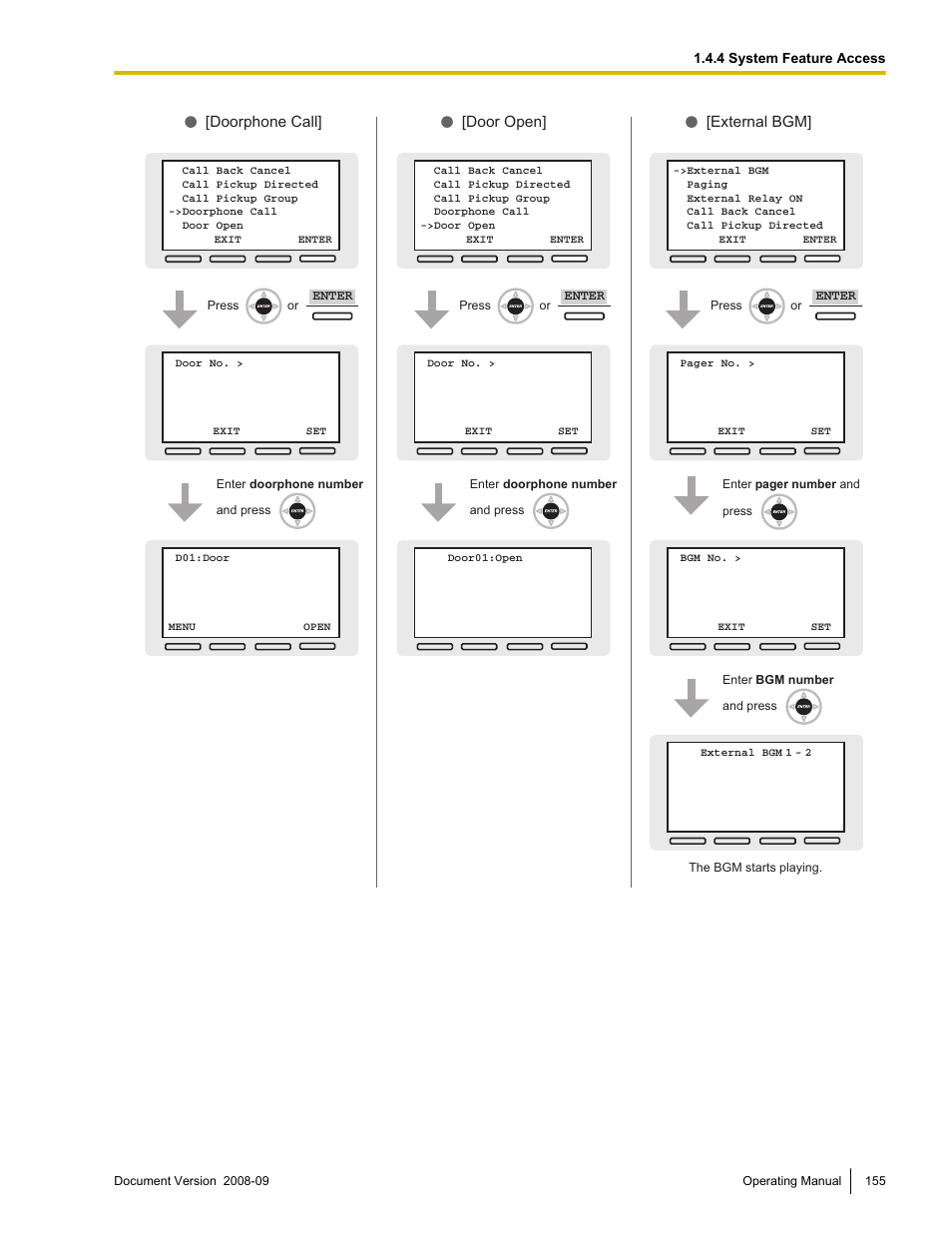 External bgm, Doorphone call, Door open | Enter, 4 system feature access | Panasonic KX-NCP500 User Manual | Page 155 / 210