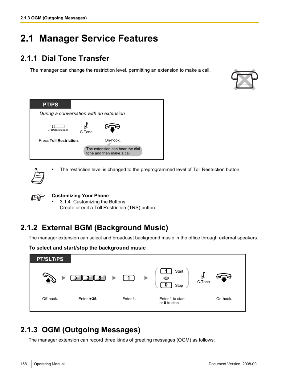 1 manager service features, 1 dial tone transfer, 2 external bgm (background music) | 3 ogm (outgoing messages), Manager service features, Dial tone transfer, External bgm (background music), Ogm (outgoing messages), 2 external bgm (background music)) | Panasonic KX-NCP500 User Manual | Page 158 / 210