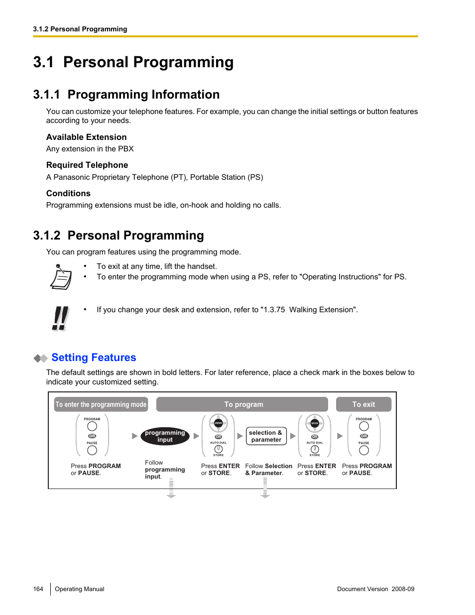 1 personal programming, 1 programming information, 2 personal programming | Personal programming, Programming information, In "3.1.2 personal programming, Setting features, Available extension, Required telephone, Conditions | Panasonic KX-NCP500 User Manual | Page 164 / 210