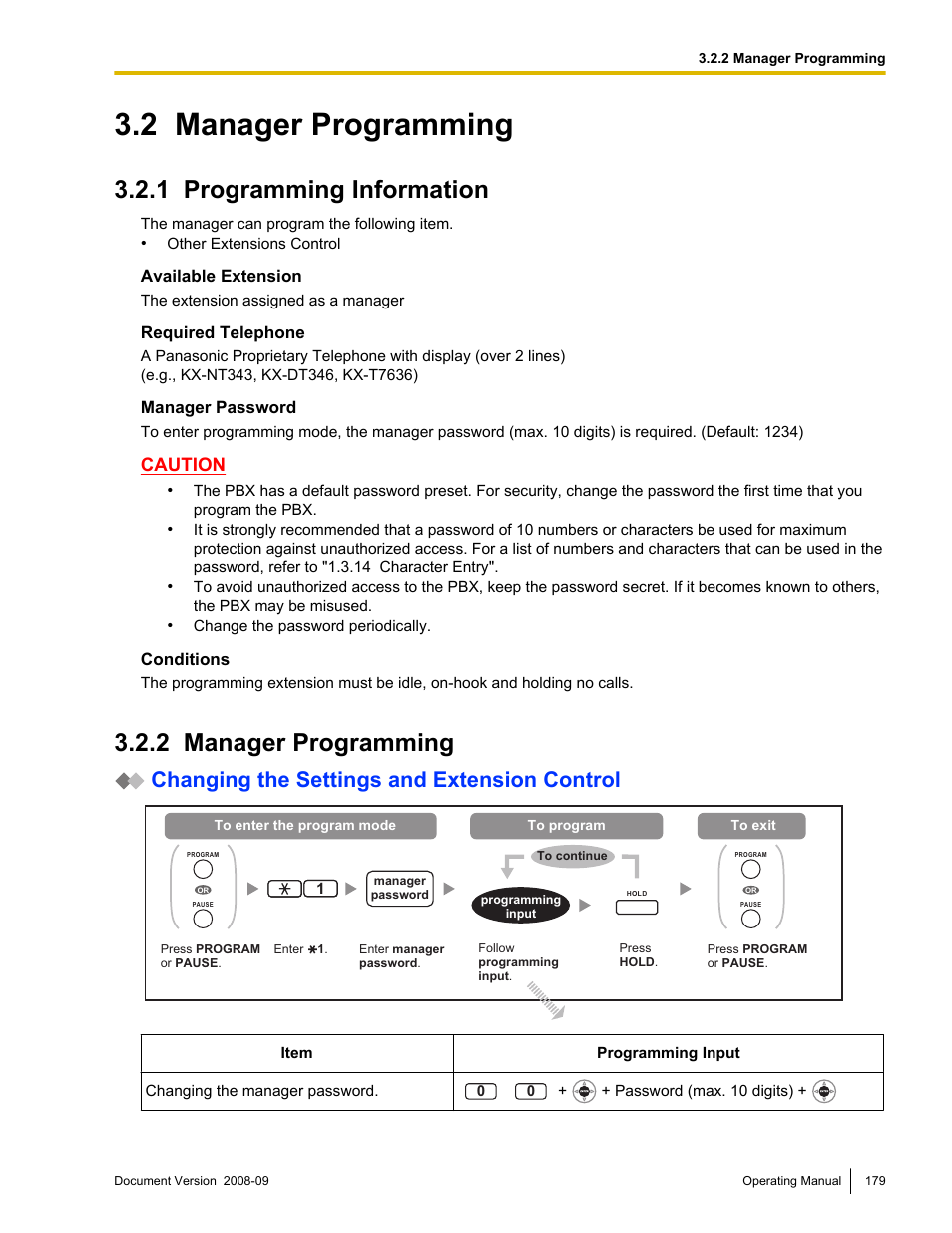 2 manager programming, 1 programming information, Manager programming | Programming information, Changing the settings and extension control, Caution | Panasonic KX-NCP500 User Manual | Page 179 / 210