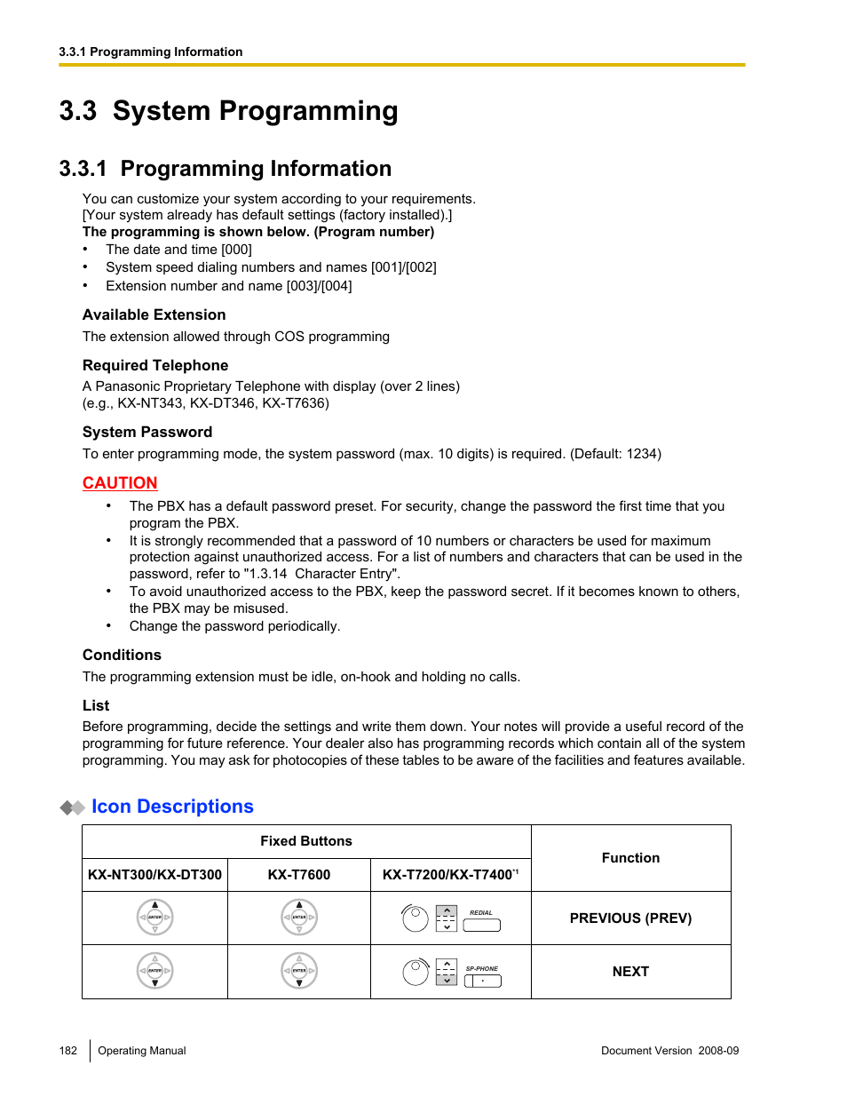 3 system programming, 1 programming information, System programming | Programming information, Icon descriptions | Panasonic KX-NCP500 User Manual | Page 182 / 210