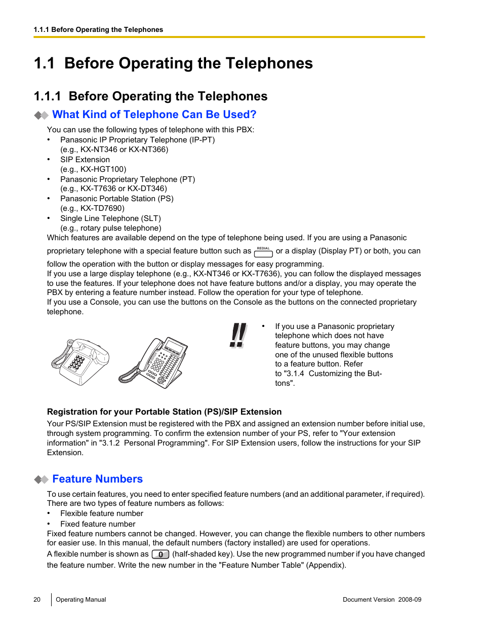 1 before operating the telephones, Before operating the telephones, What kind of telephone can be used | Feature numbers | Panasonic KX-NCP500 User Manual | Page 20 / 210