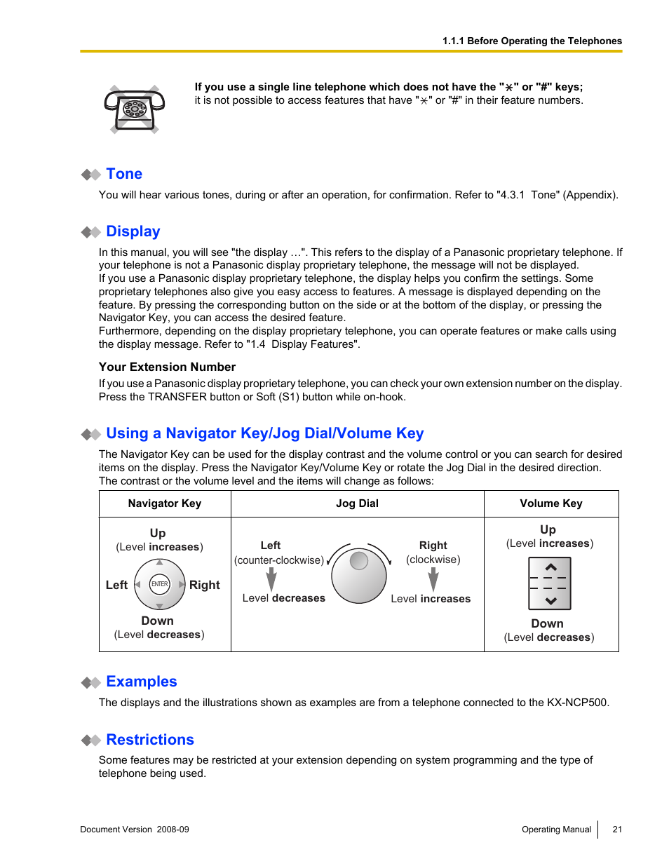 Tone, Display, Using a navigator key/jog dial/volume key | Examples, Restrictions | Panasonic KX-NCP500 User Manual | Page 21 / 210