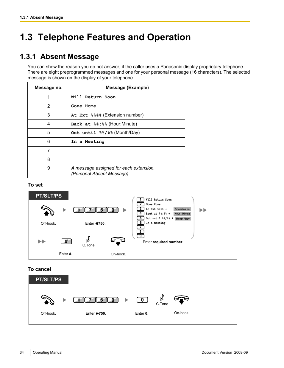 3 telephone features and operation, 1 absent message, Telephone features and operation | Absent message | Panasonic KX-NCP500 User Manual | Page 34 / 210