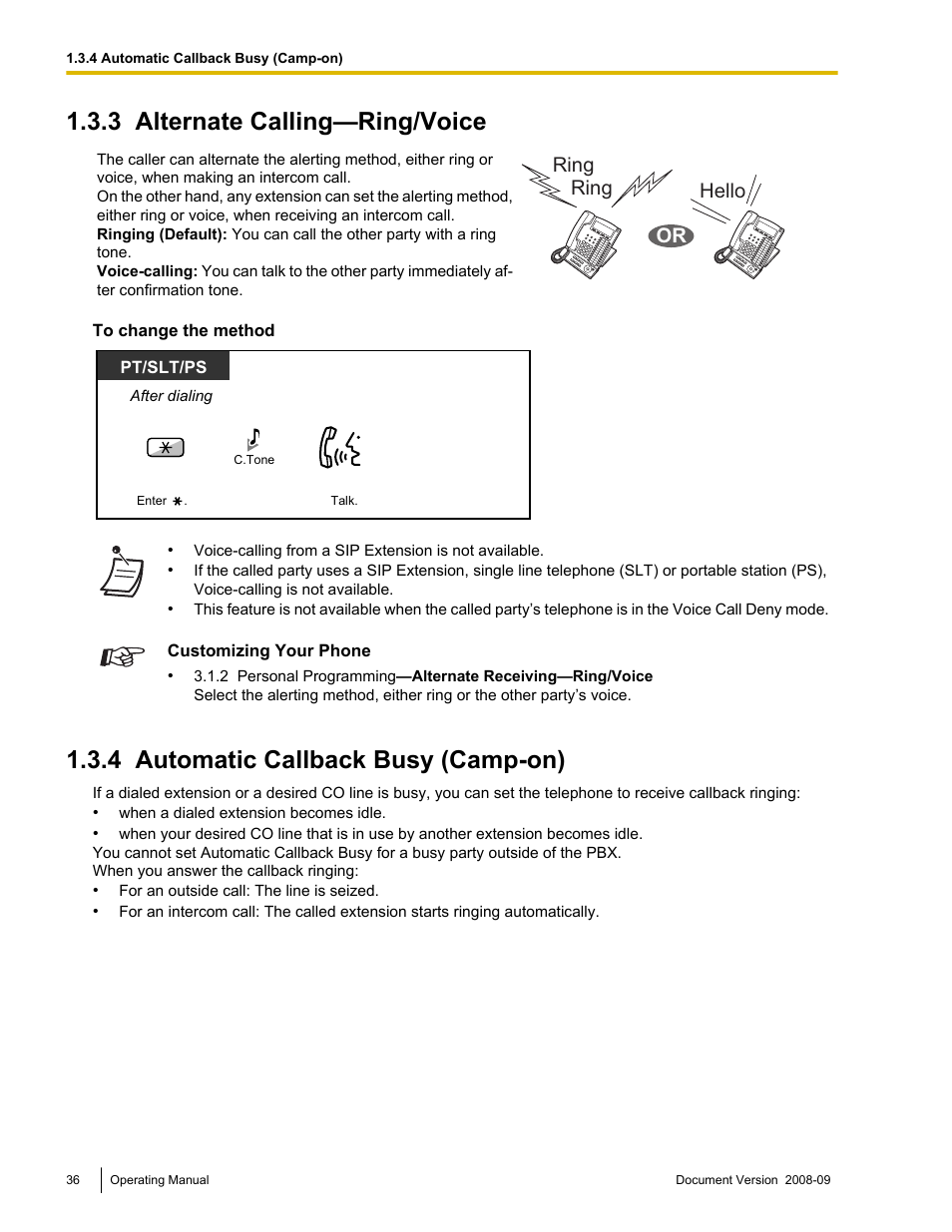 3 alternate calling—ring/voice, 4 automatic callback busy (camp-on), Alternate calling—ring/voice | Automatic callback busy (camp-on), Ring, Ring hello or | Panasonic KX-NCP500 User Manual | Page 36 / 210