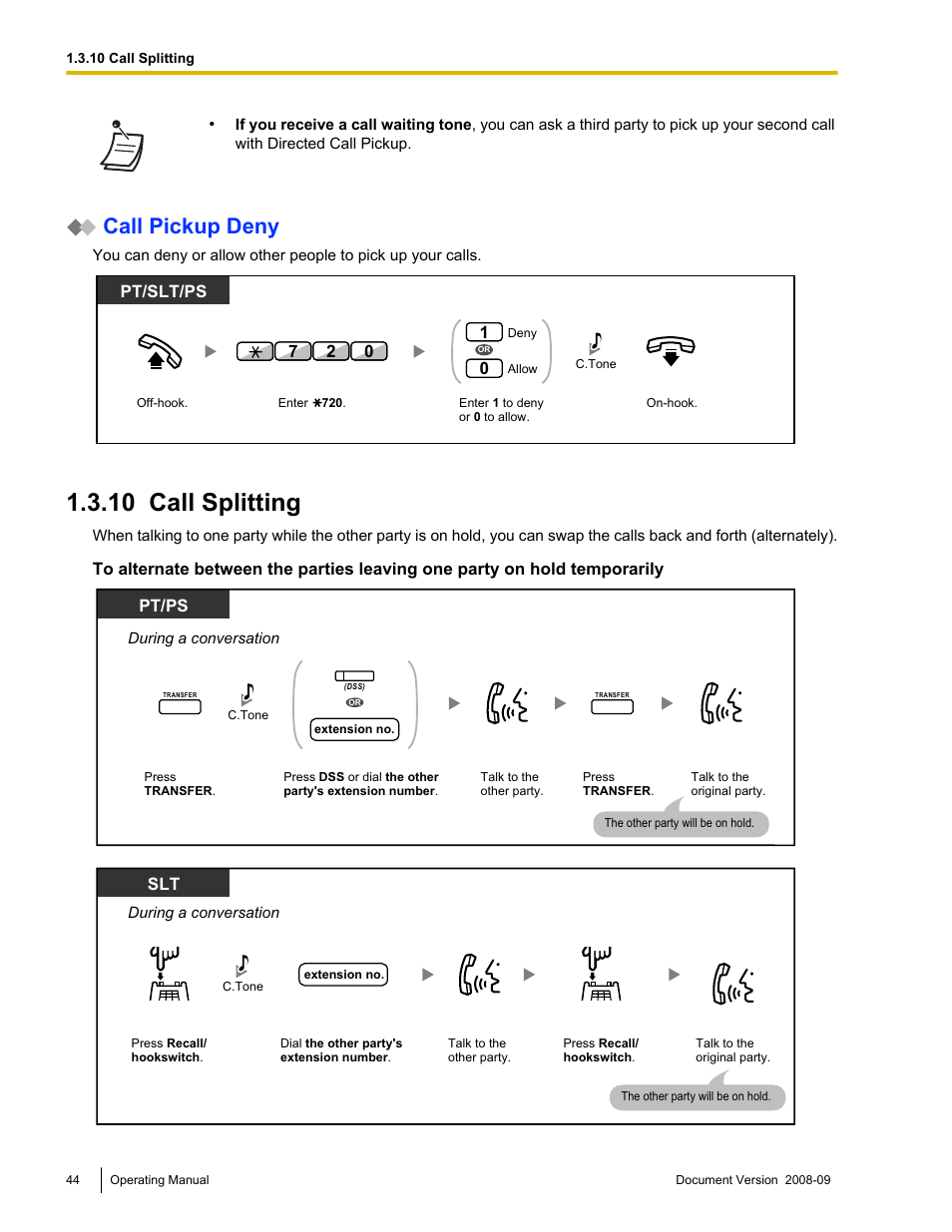 10 call splitting, Call splitting, Call pickup deny | Pt/slt/ps | Panasonic KX-NCP500 User Manual | Page 44 / 210