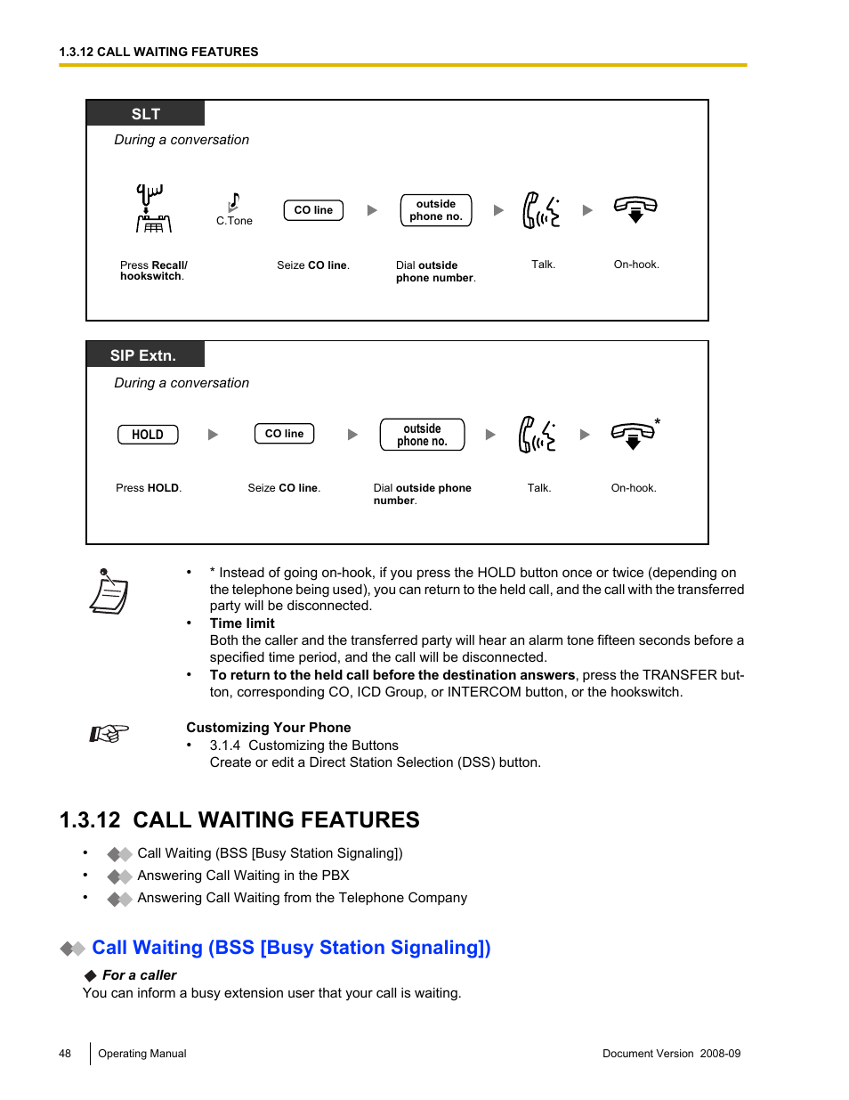 12 call waiting features, Call waiting features, Call waiting (bss [busy station signaling]) | Panasonic KX-NCP500 User Manual | Page 48 / 210