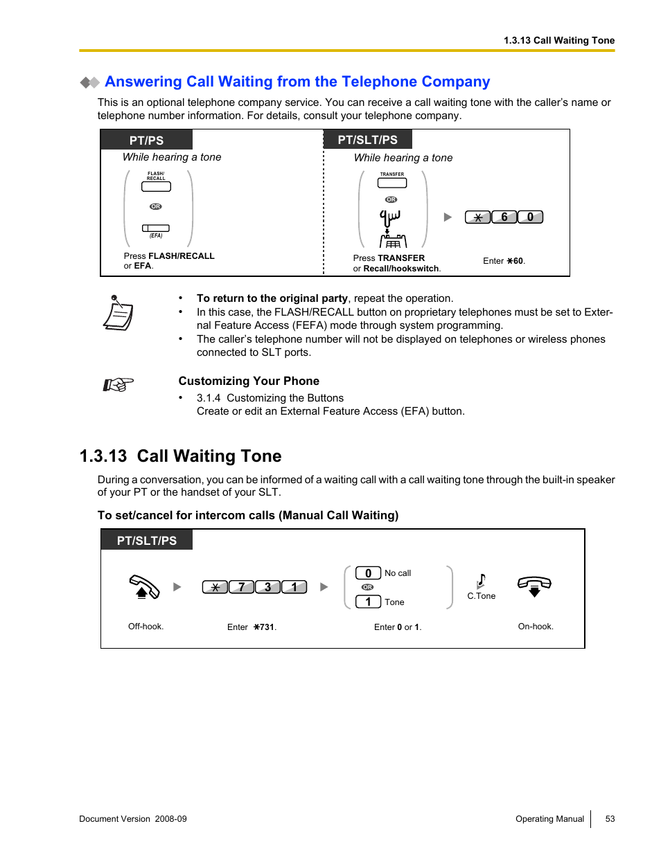 13 call waiting tone, Call waiting tone, Answering call waiting from the telephone company | Panasonic KX-NCP500 User Manual | Page 53 / 210