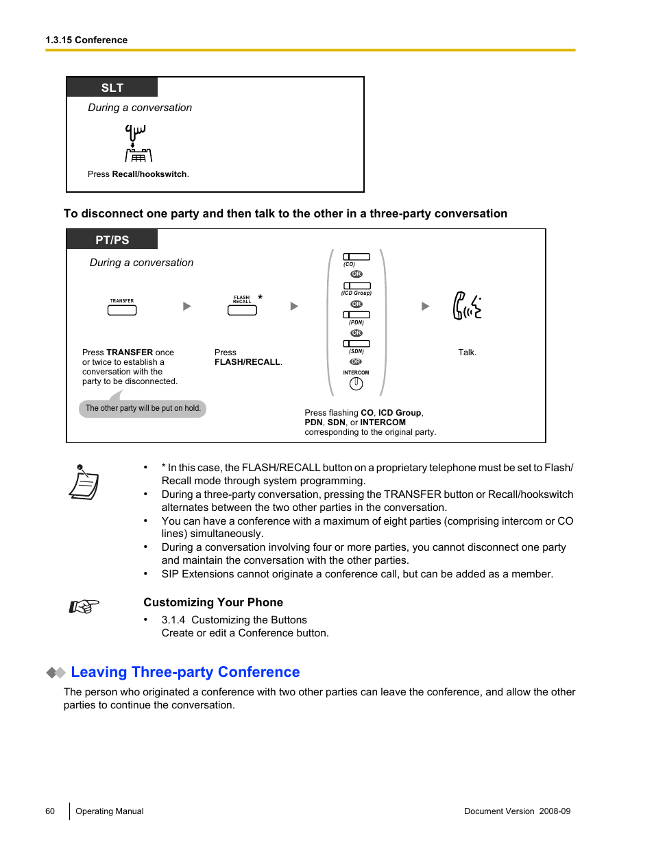 Leaving three-party conference, Customizing your phone | Panasonic KX-NCP500 User Manual | Page 60 / 210
