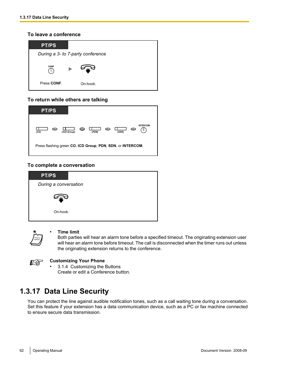 17 data line security, Data line security, Pt/ps | Panasonic KX-NCP500 User Manual | Page 62 / 210