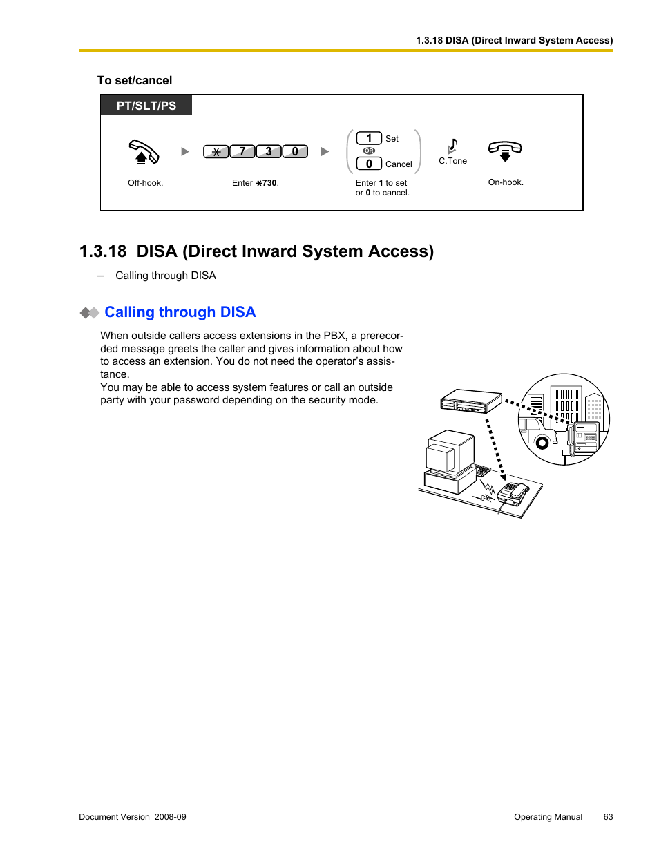 18 disa (direct inward system access), Disa (direct inward system access), Calling through disa | Panasonic KX-NCP500 User Manual | Page 63 / 210