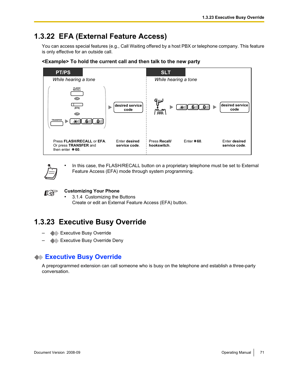 22 efa (external feature access), 23 executive busy override, Efa (external feature access) | Executive busy override | Panasonic KX-NCP500 User Manual | Page 71 / 210