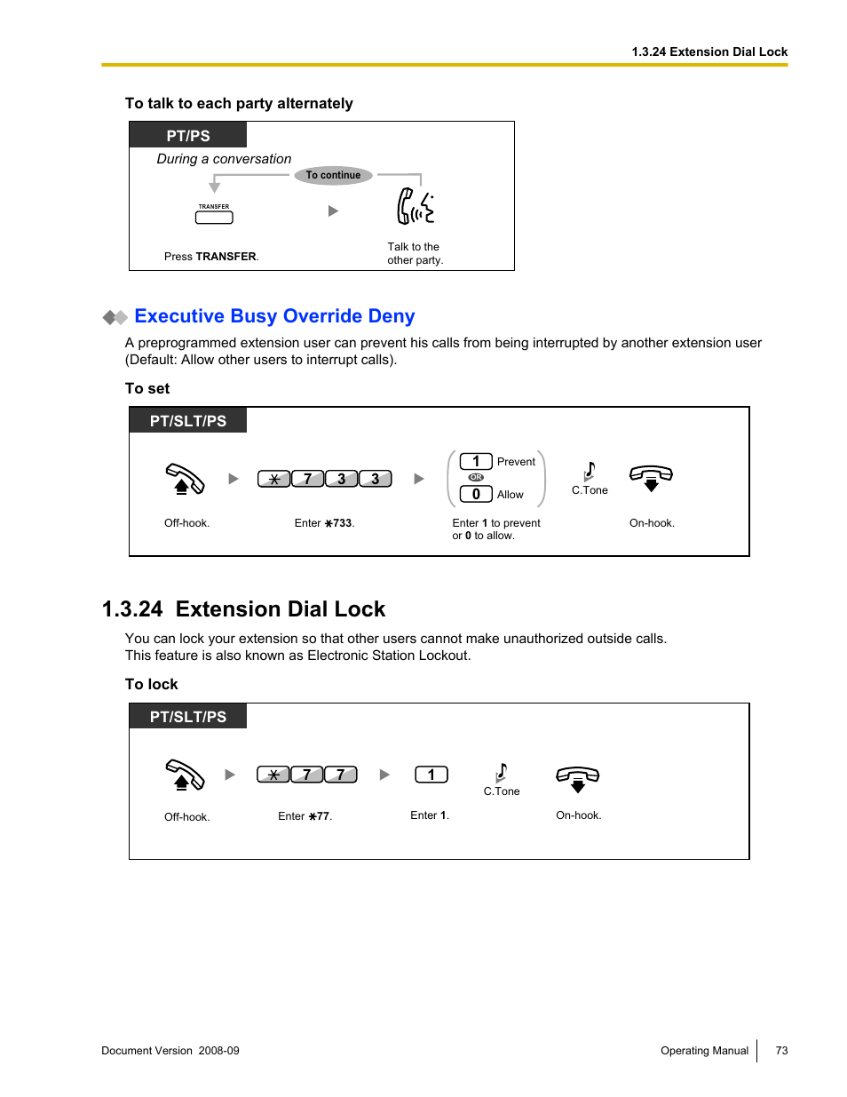 24 extension dial lock, Extension dial lock, Executive busy override deny | Panasonic KX-NCP500 User Manual | Page 73 / 210