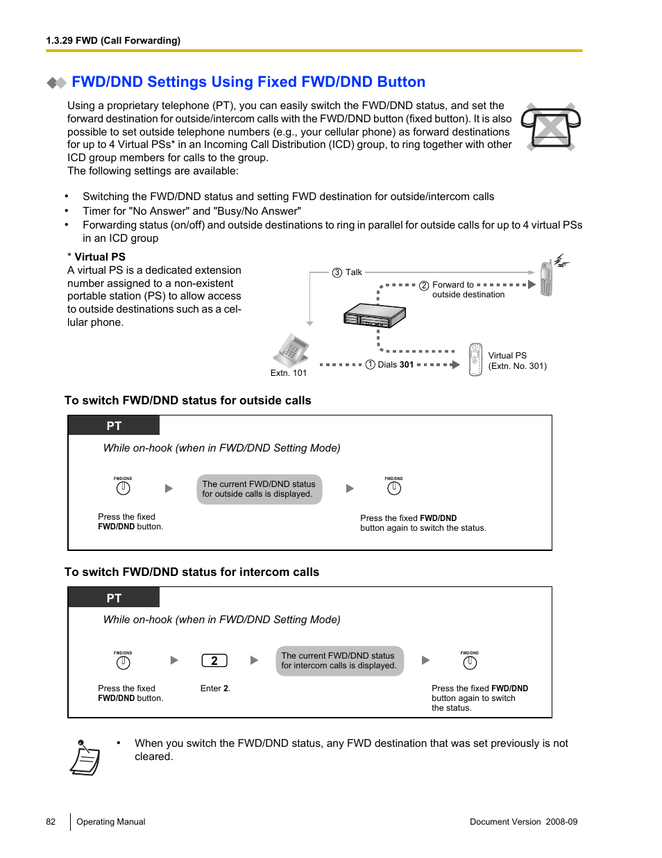 Fwd/dnd settings using fixed fwd, Dnd button"), Fwd/dnd settings using fixed fwd/dnd button | Panasonic KX-NCP500 User Manual | Page 82 / 210