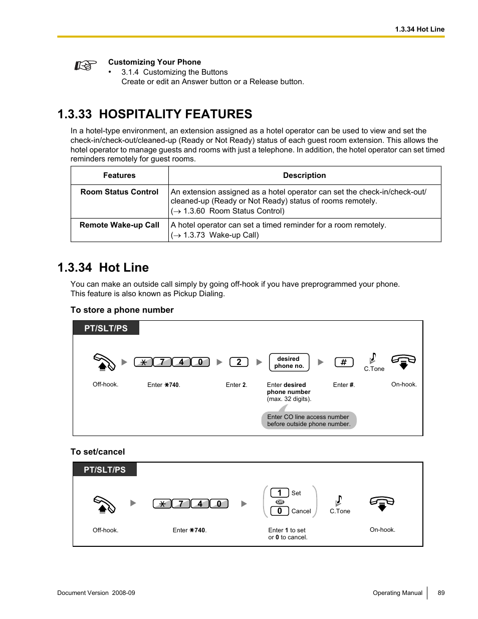 33 hospitality features, 34 hot line, Hospitality features | Hot line | Panasonic KX-NCP500 User Manual | Page 89 / 210