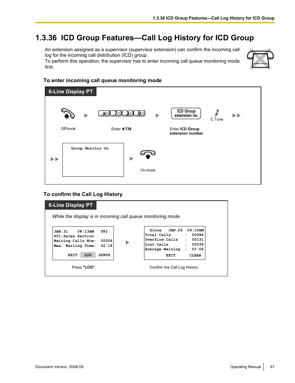 Icd group features—call log history for icd group | Panasonic KX-NCP500 User Manual | Page 91 / 210