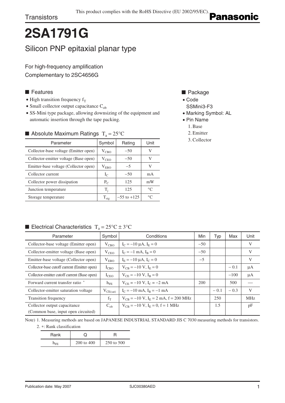 Panasonic 2SA1791G User Manual | 4 pages