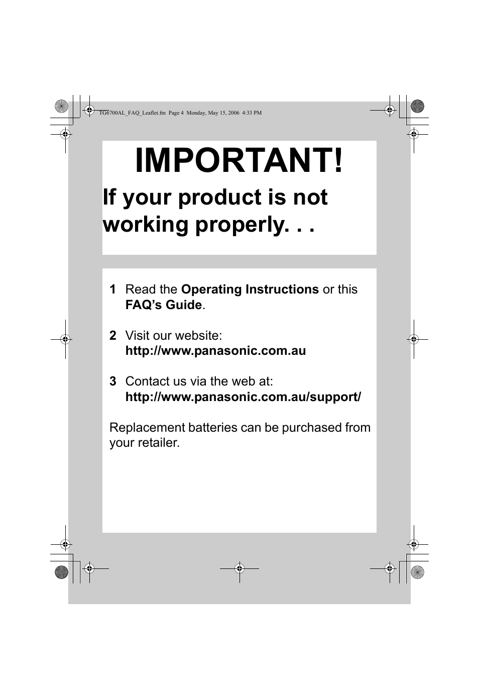 Important, If your product is not working properly | Panasonic DM0706SY0 User Manual | Page 4 / 4