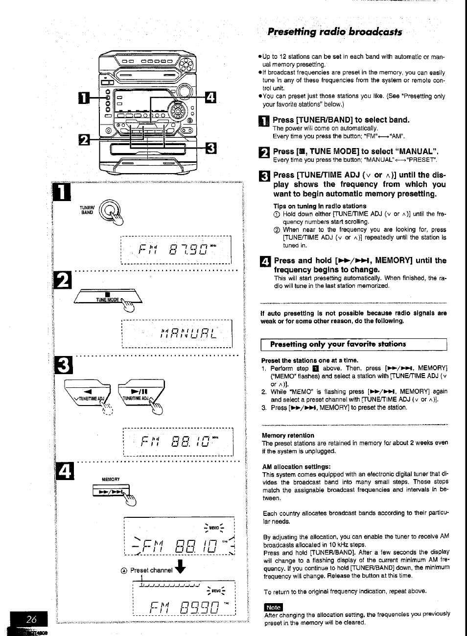 Press [tuner/band] to select band, Press [a, tune mode] to select “manual, Preset the stations one at a time | Memory retention, Am allocation settings, Presetting radio broadcasts, Ct/'w | Panasonic SC-AK57 User Manual | Page 14 / 53