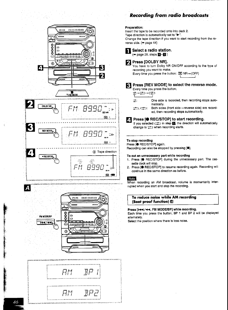 Preparation, Select a radio station, A press [dolby nr | Q press [rev mode] to select the reverse mode, Press [• rec/stop] to start recording, To stop recording, To cut an unnecessary part while recording, Press fm mode/bp] while recording, Recording from radio hroadcasfs, 1 1 u | Panasonic SC-AK57 User Manual | Page 24 / 53