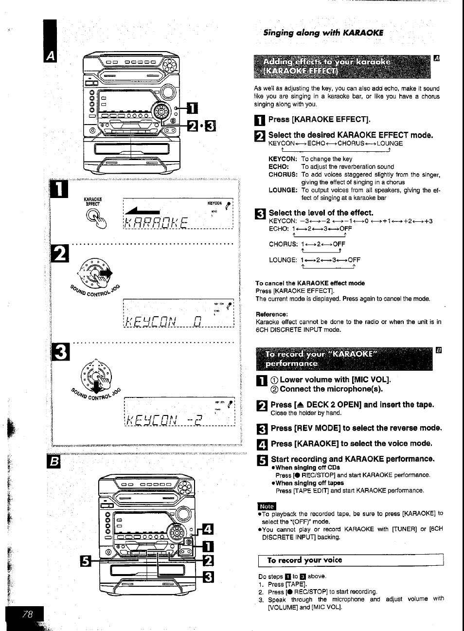 Press [karaoke effect, Select the desired karaoke effect mode, Select the level of the effect | To cancel the karaoke effect mode, Jpei#d'rmgnfe, 0 lower volume with [mic vol, 0 connect the microphone(s), Press [^ deck 2 open] and insert the tape, Start recording and karaoke performance, T^erbjjke | Panasonic SC-AK57 User Manual | Page 41 / 53