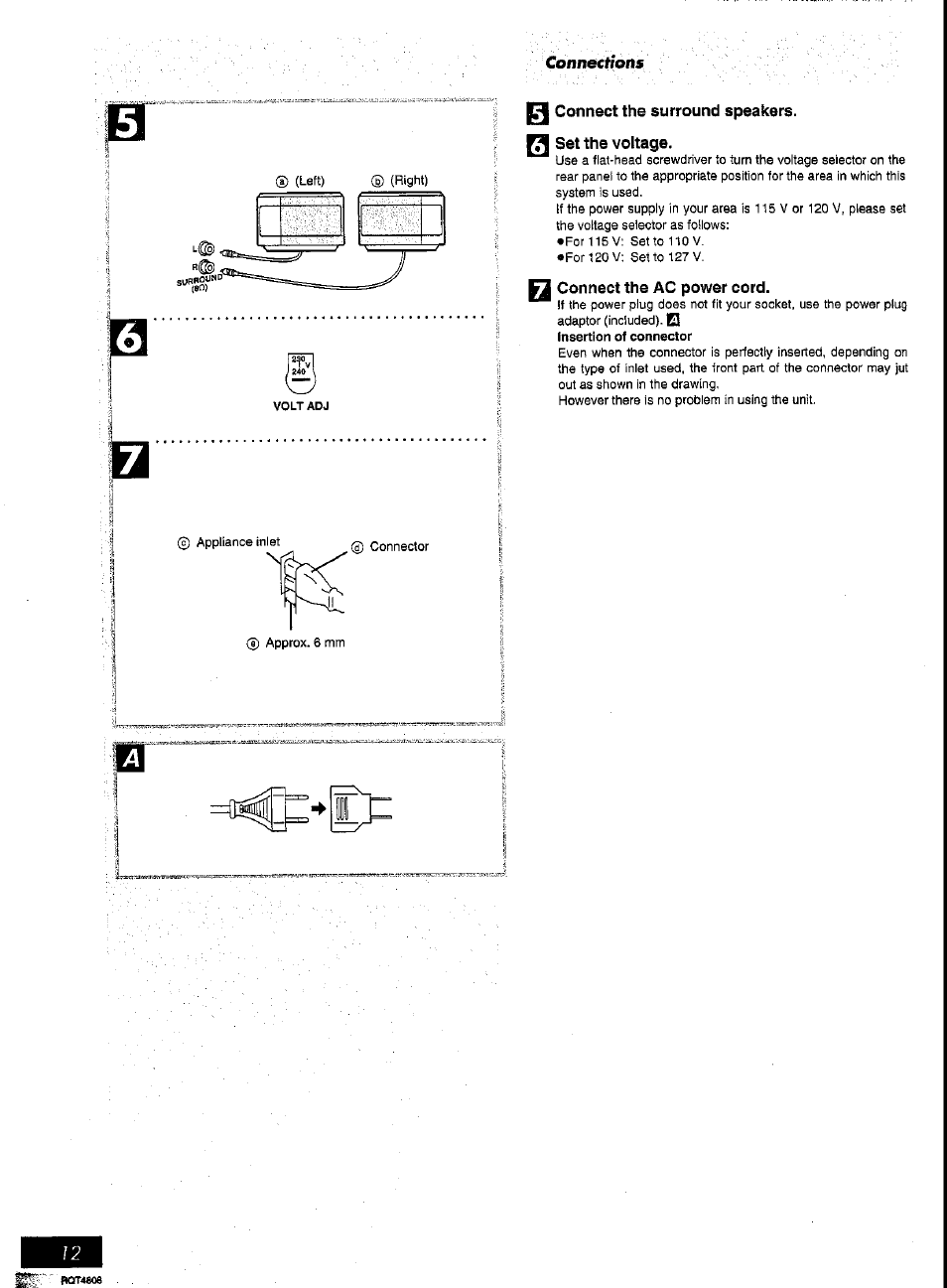 Q connect the surround speakers, Set the voltage, Connect the ac power cord | Connecfions | Panasonic SC-AK57 User Manual | Page 7 / 53