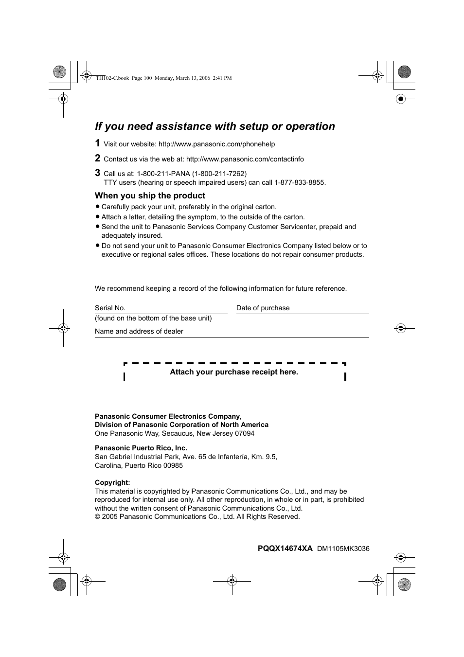 If you need assistance with setup or operation | Panasonic KX-TH102-C User Manual | Page 100 / 100