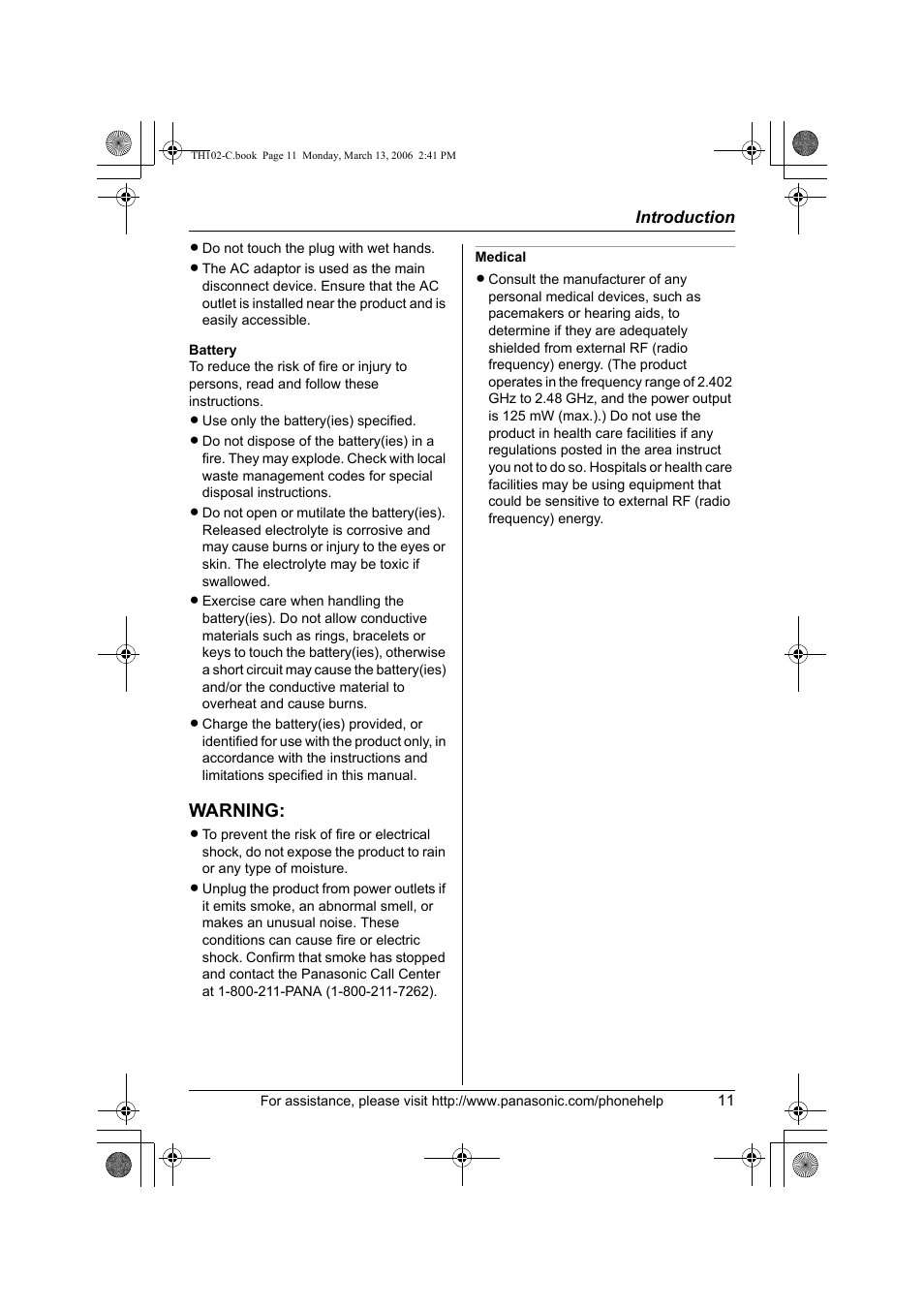 Warning | Panasonic KX-TH102-C User Manual | Page 11 / 100