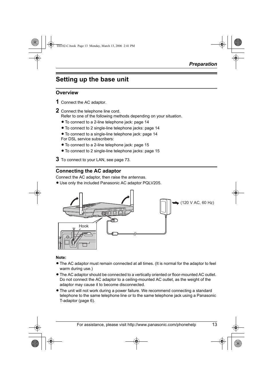 Preparation, Setting up the base unit | Panasonic KX-TH102-C User Manual | Page 13 / 100