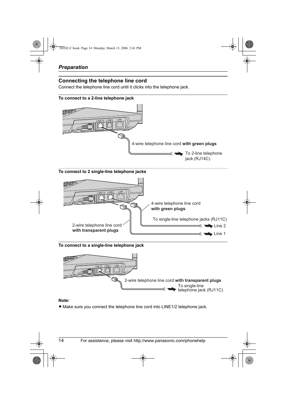 Preparation, Connecting the telephone line cord | Panasonic KX-TH102-C User Manual | Page 14 / 100