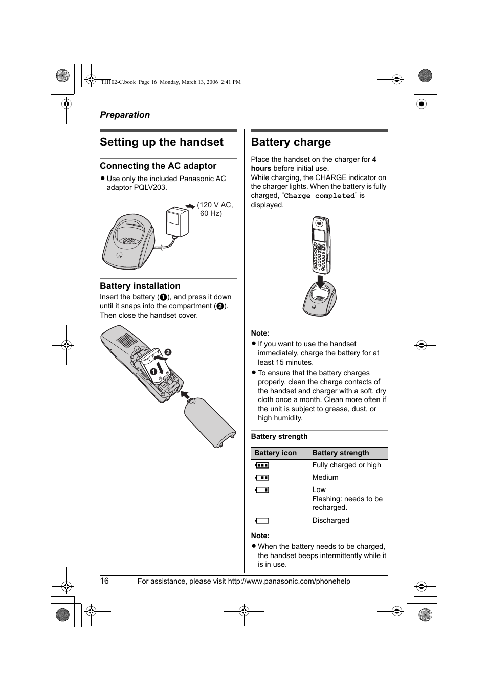 Setting up the handset, Battery charge | Panasonic KX-TH102-C User Manual | Page 16 / 100