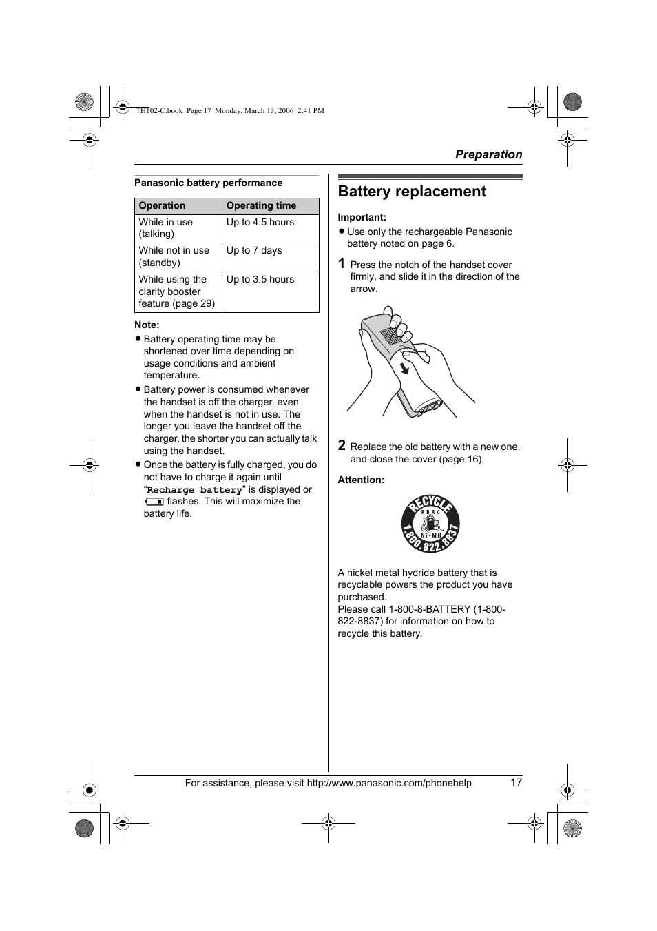 Battery replacement | Panasonic KX-TH102-C User Manual | Page 17 / 100