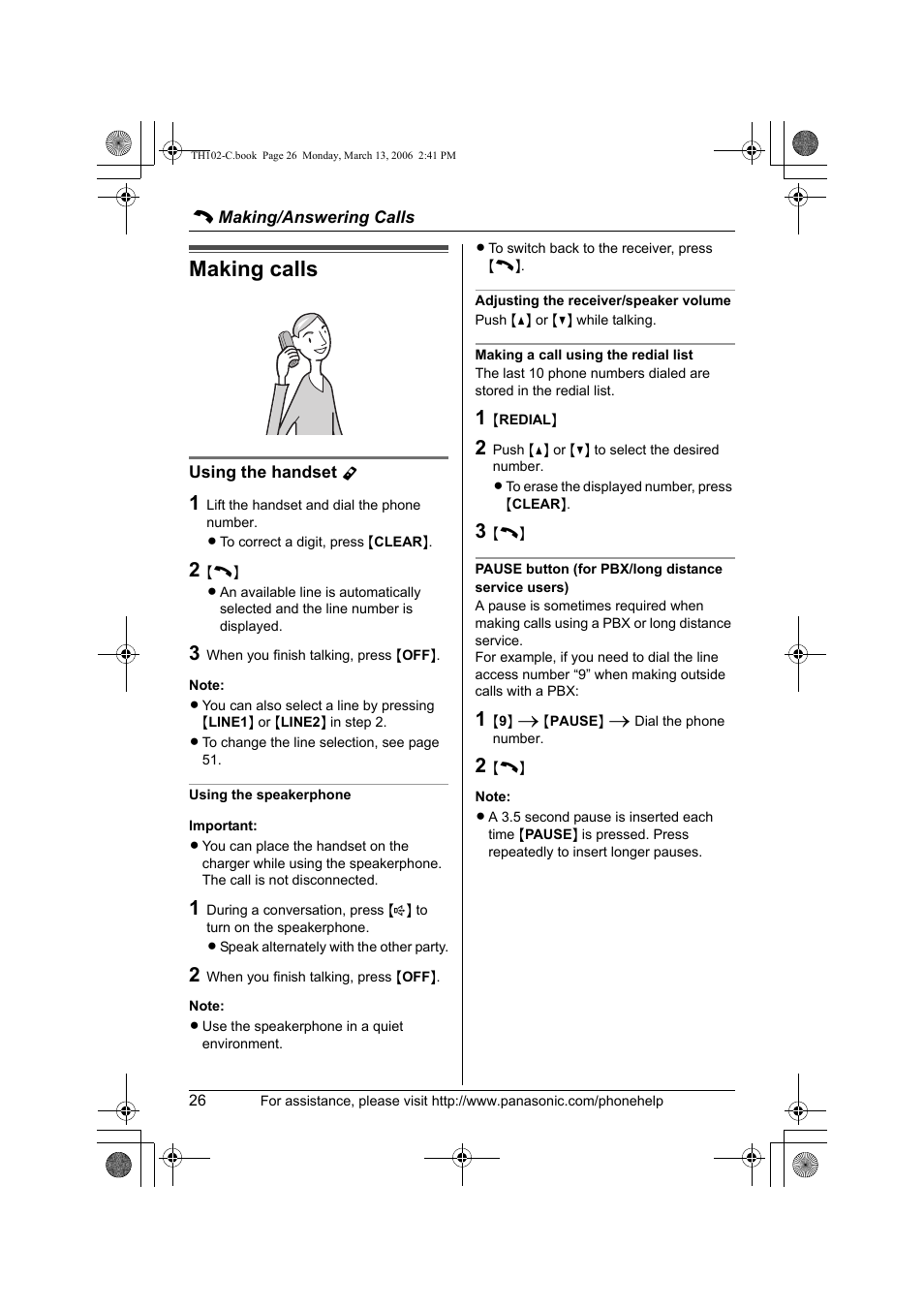 Making/answering calls, Making calls | Panasonic KX-TH102-C User Manual | Page 26 / 100