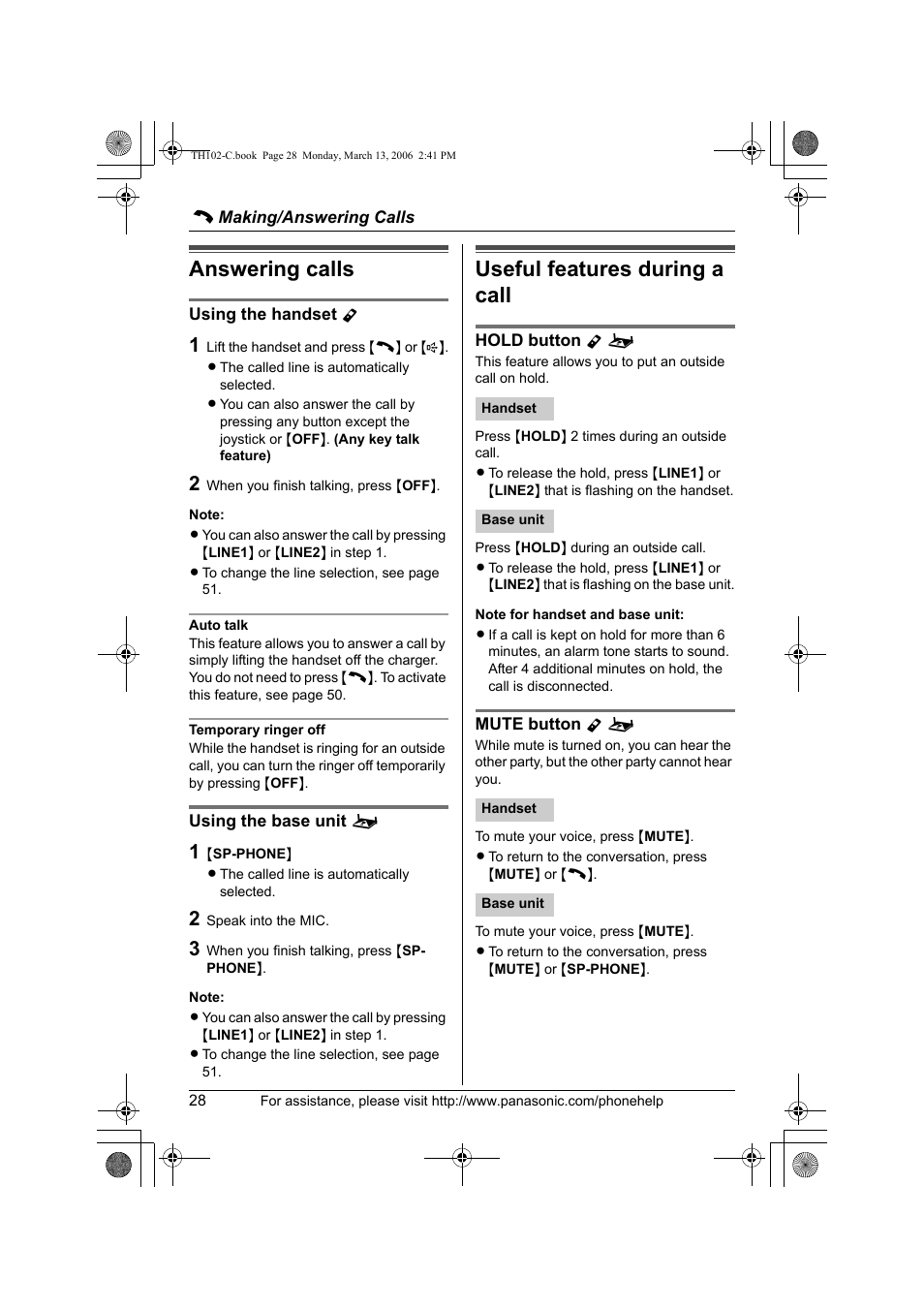 Answering calls, Useful features during a call | Panasonic KX-TH102-C User Manual | Page 28 / 100