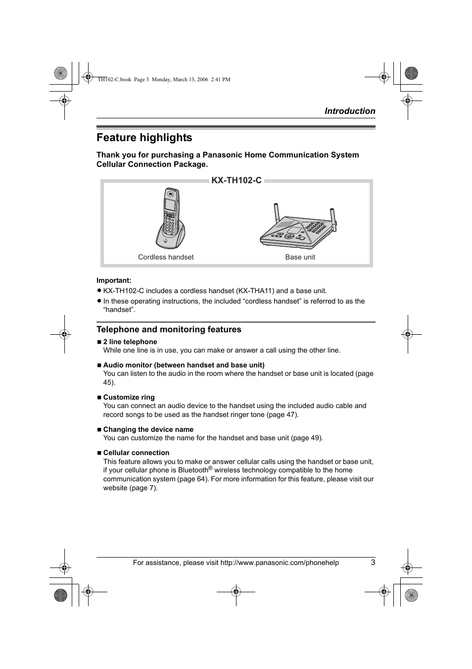Introduction, Feature highlights | Panasonic KX-TH102-C User Manual | Page 3 / 100